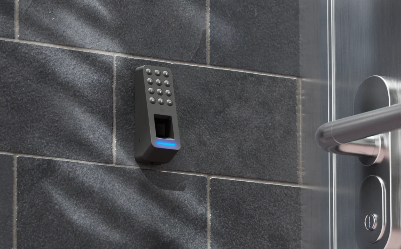 UA-G3-Fingerprint-B black fingerprint reader mounted beside a door