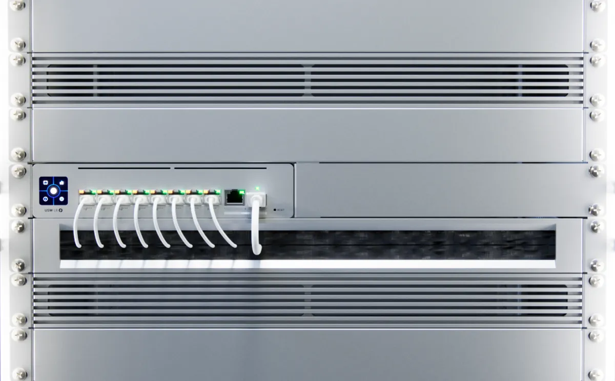 Ubiquiti Long-Range Switch 8 PoE rack mounted with PoE cables connected