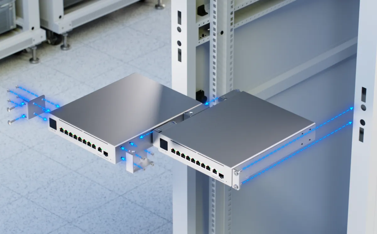 Two Long-Range Switch 8 PoE units side by side on rack rails