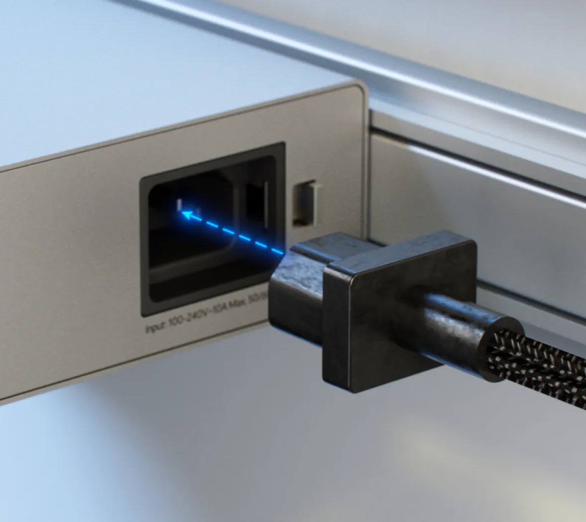 AC power cable connecting to the Long-Range Switch 8 PoE