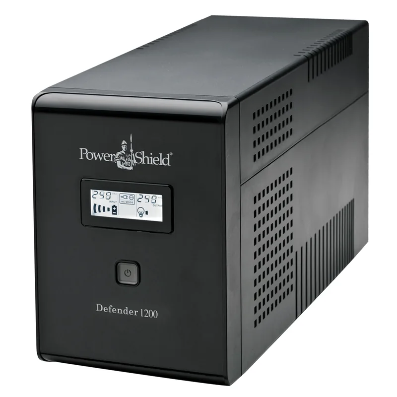 PowerShield Defender 1200VA tower UPS front with LCD display