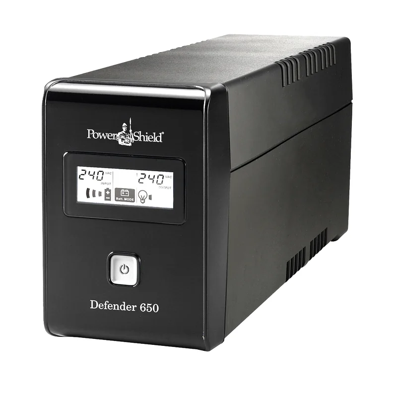 PowerShield Defender 650VA tower UPS front with LCD
