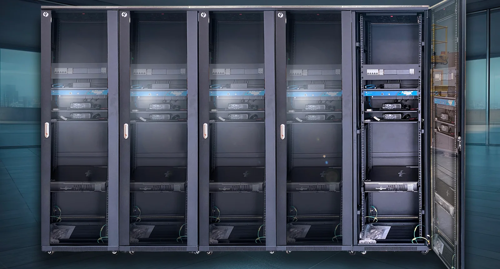Row of rack cabinets with network and radio equipment, the hero image of the PowerShield Marine Rescue WA case study