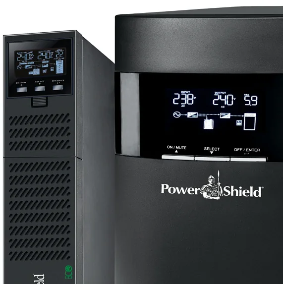 PowerShield Centurion tower and Centurion RT UPSs with LCD displays, as pictured in The Bend Motorsport Park case study