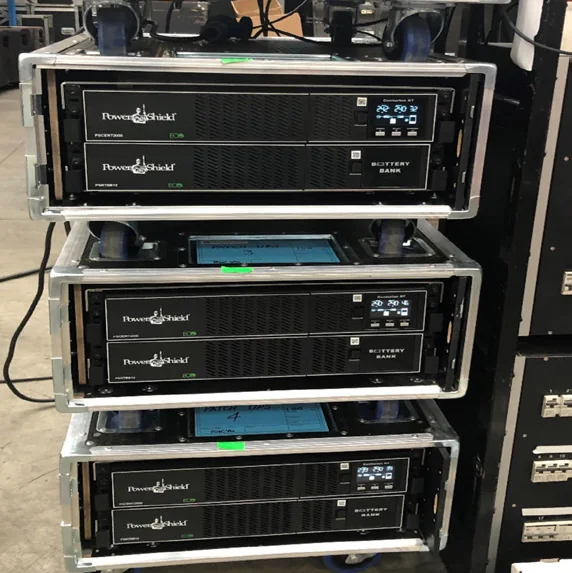 Stacked rack cases holding PowerShield rack UPS units and battery modules, from the PowerShield Tokyo 2020 case study