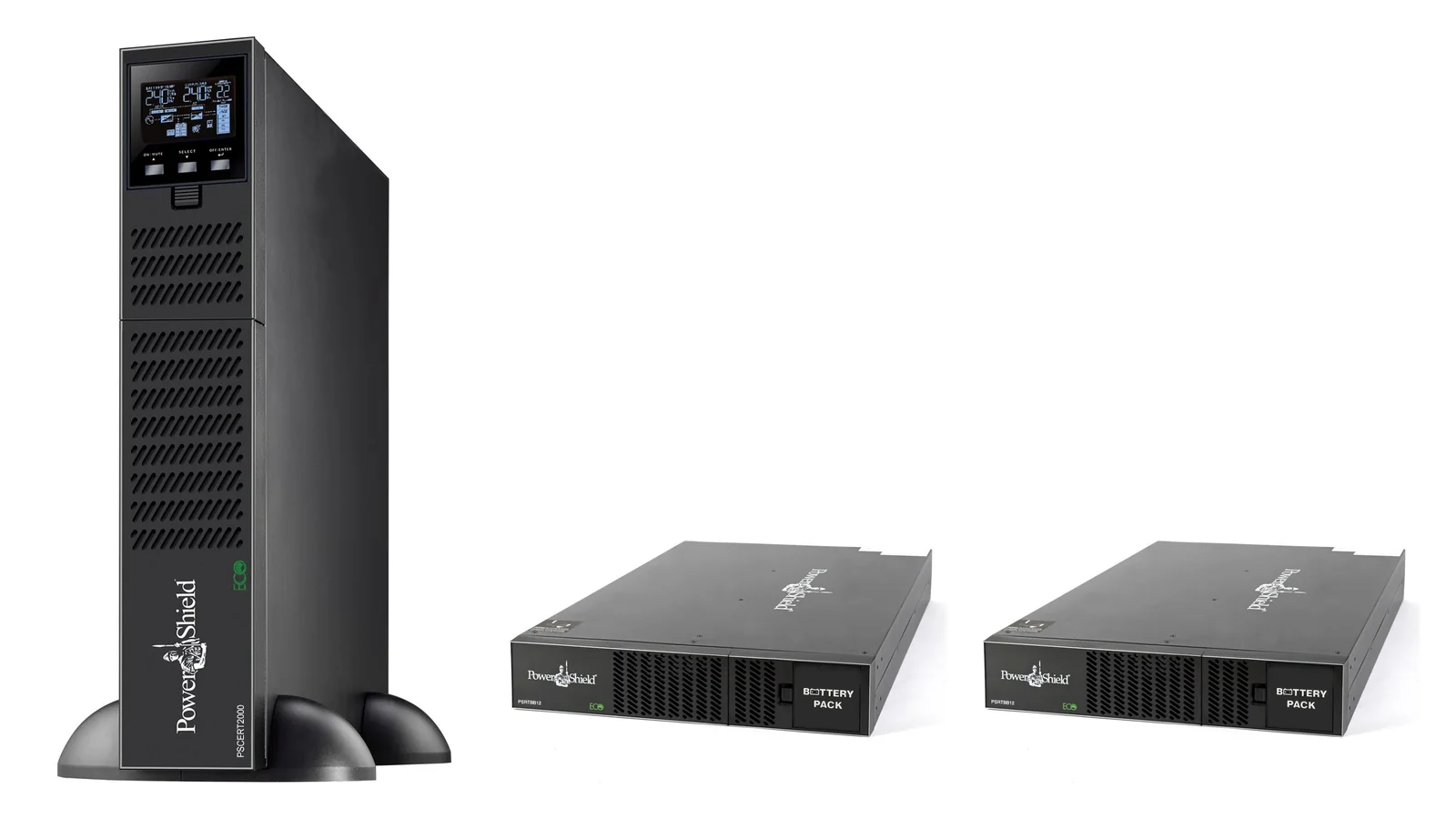 PowerShield Centurion RT 2000VA UPS beside two PSRTBB12 extended battery banks