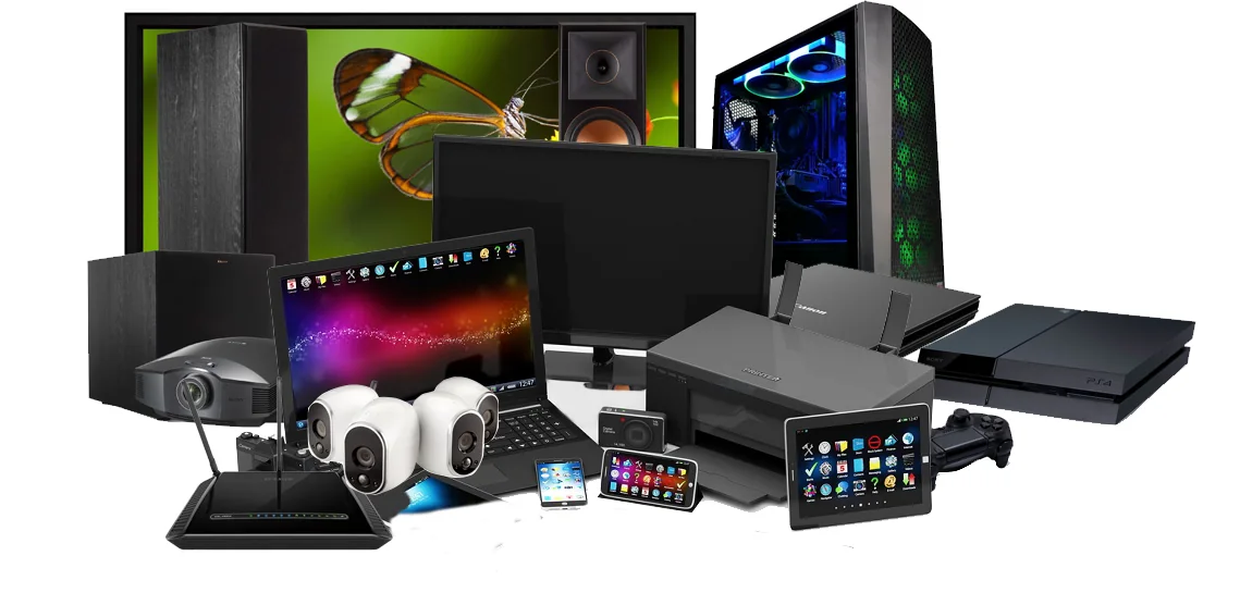 Home office and entertainment devices a PowerShield UPS protects: PCs, monitors, router, console, TV and cameras