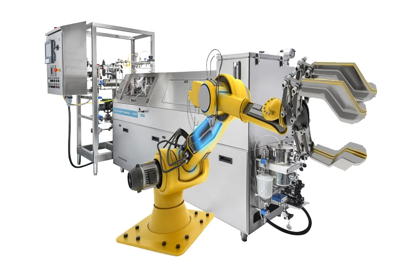 Industrial robot arm and automated production machine with a PLC control panel
