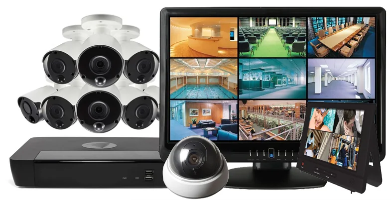 CCTV bullet and dome cameras, an NVR and a monitor showing camera views, protected by a PowerShield UPS
