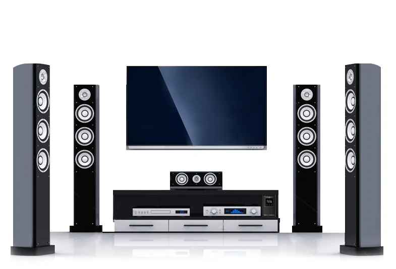 Home theatre with a wall-mounted TV, tower speakers, centre speaker and AV receiver