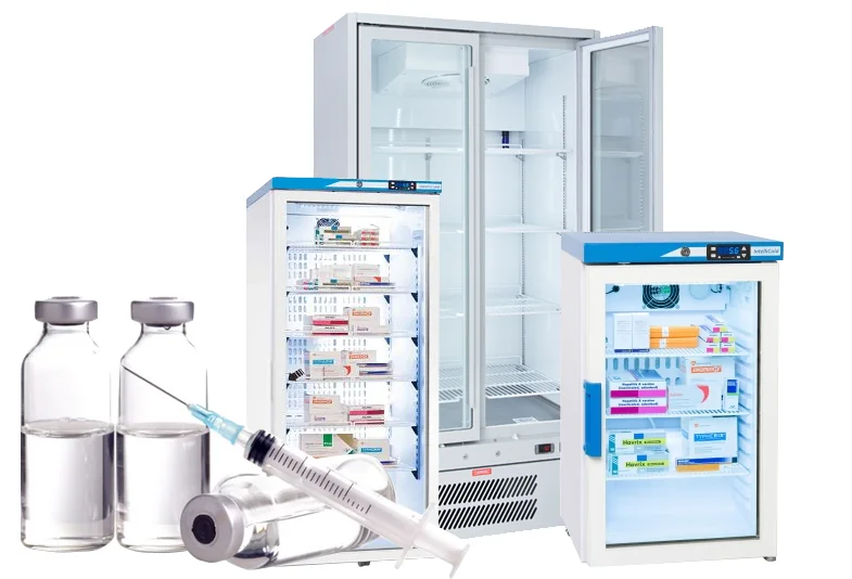 Glass-door medical and vaccine refrigerators with medicine vials and a syringe in front