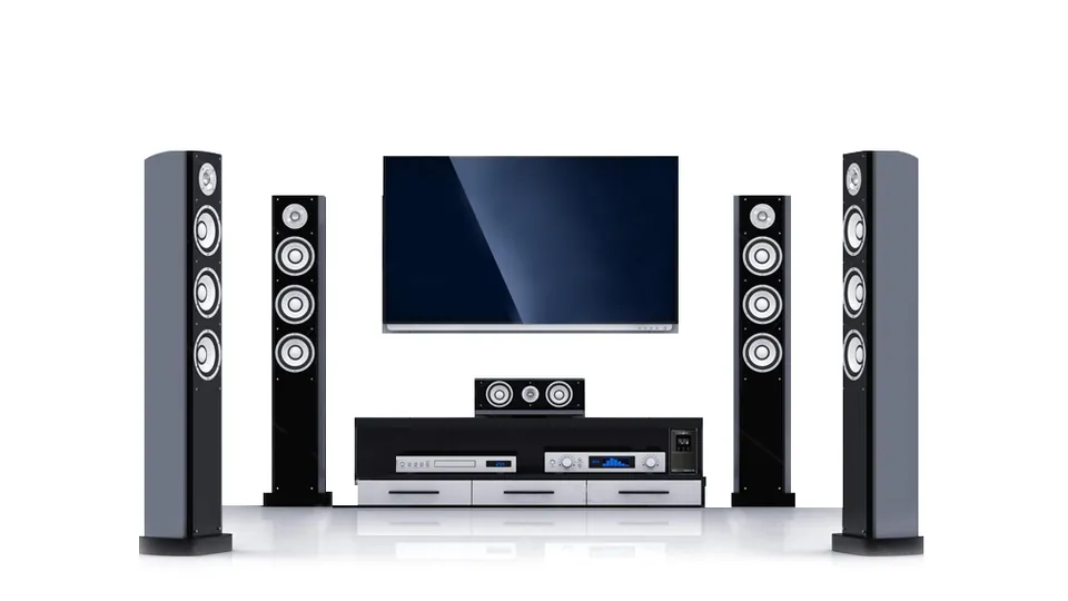 Home theatre with TV, speakers and AV receiver protected by a silent PowerShield UPS