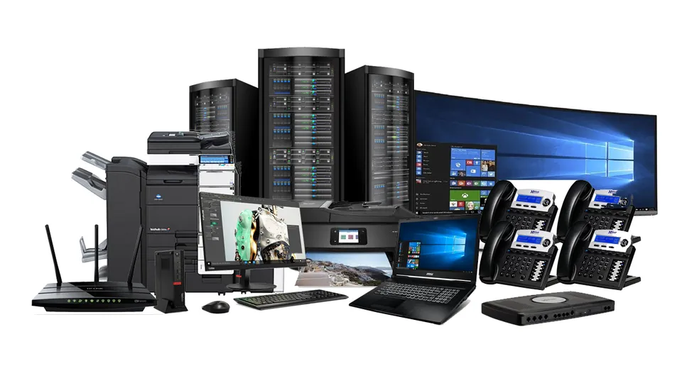 Business equipment protected by a PowerShield UPS: phones, printers, monitors, servers and routers