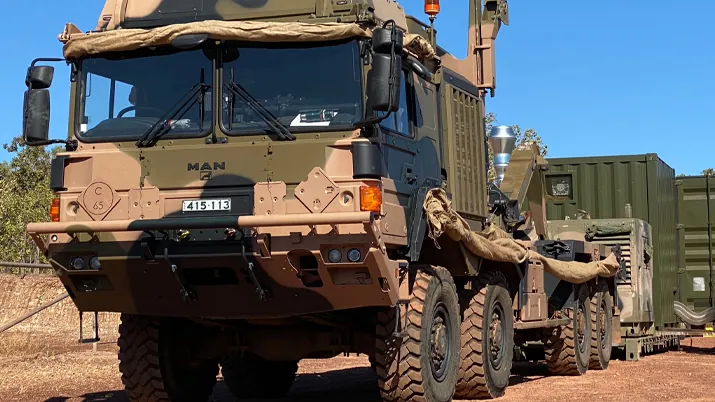 Camouflaged military truck in the field, where rugged UPS and power protection is required