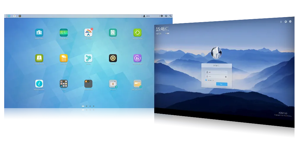 ASUSTOR Data Master (ADM) desktop with app icons and the sign-in screen in a web browser