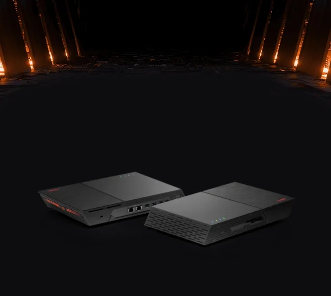 Two ASUSTOR Flashstor Gen2 all-flash NAS units on a dark stage with warm accent lights