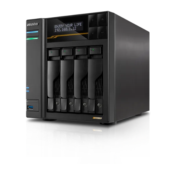 ASUSTOR Lockerstor 4 Gen3 AS6804T four-bay NAS with front LCD panel and hot-swap trays
