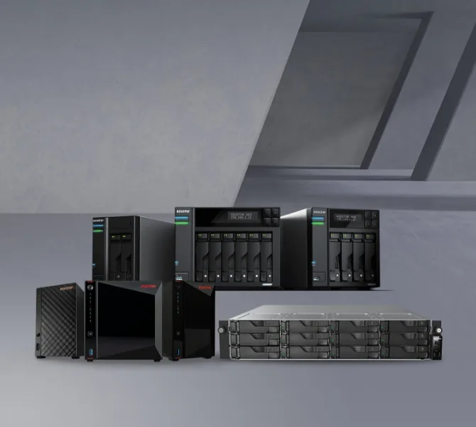 The ASUSTOR NAS line-up: desktop Drivestor, Nimbustor and Lockerstor towers with a Lockerstor rackmount