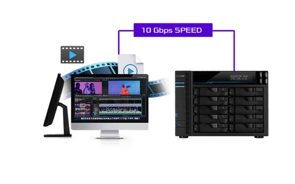 Video editing workstation connected to an ASUSTOR NAS at 10 Gbps