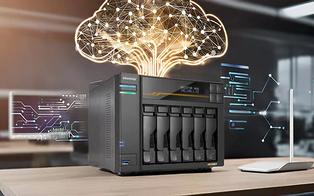 ASUSTOR Lockerstor NAS with an illustrated AI brain above it
