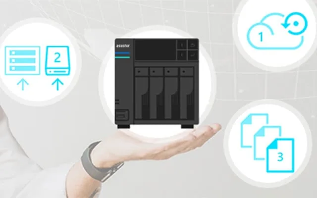 Hand holding an ASUSTOR NAS with backup copy icons