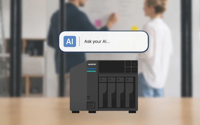ASUSTOR NAS on a desk with an Ask your AI prompt above it