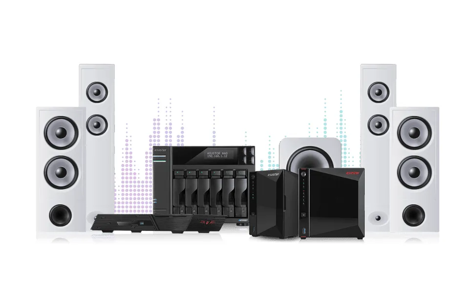 ASUSTOR NAS units between a pair of hi-fi speakers