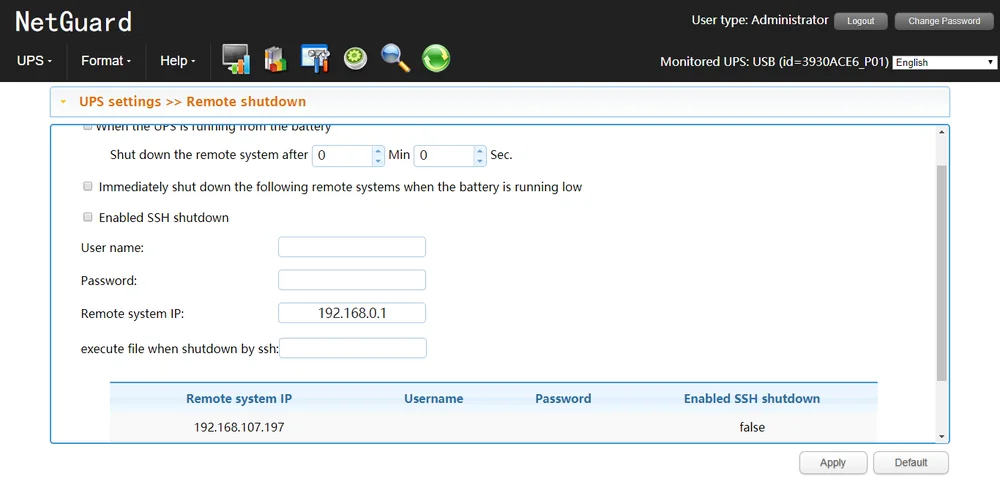 PowerShield NetGuard remote shutdown settings with timer and remote system IP list