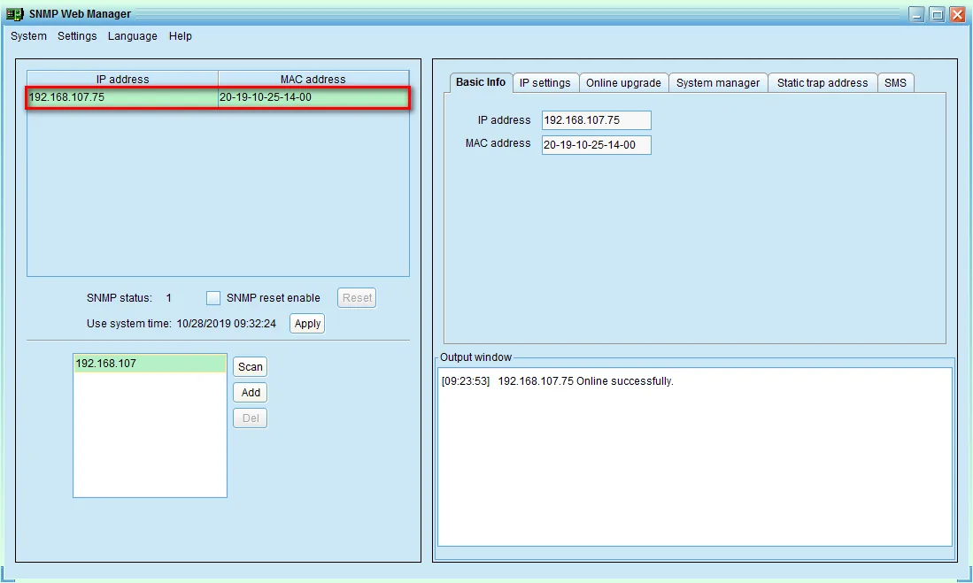 PowerShield SNMP Web Manager window listing a PSSNMPv4 card by IP and MAC address with the Basic Info tab open