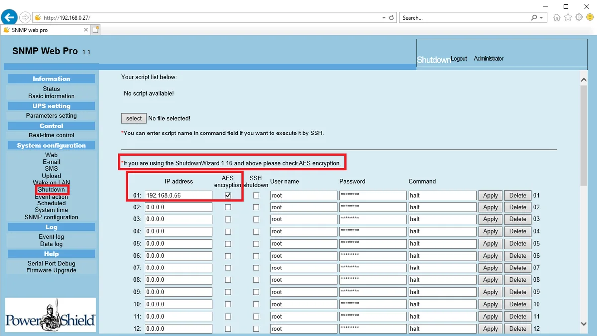 PowerShield SNMP Web Pro Shutdown page with a computer IP address entered and AES encryption ticked for Shutdown Wizard