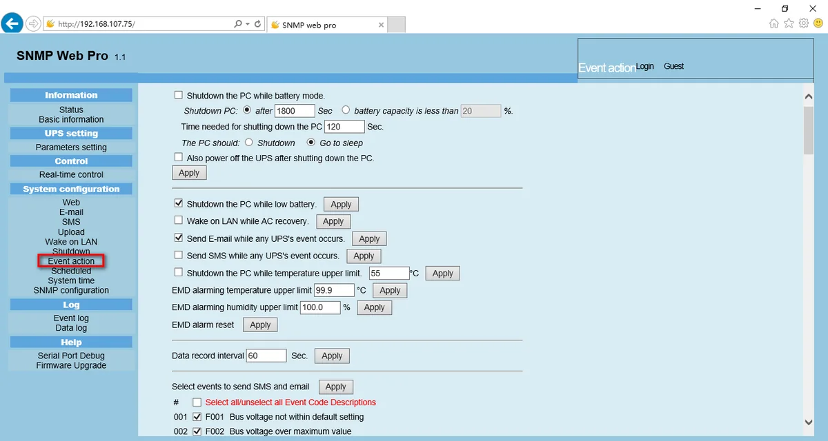 PowerShield SNMP Web Pro Event action page with shutdown on battery, low battery and power off the UPS options