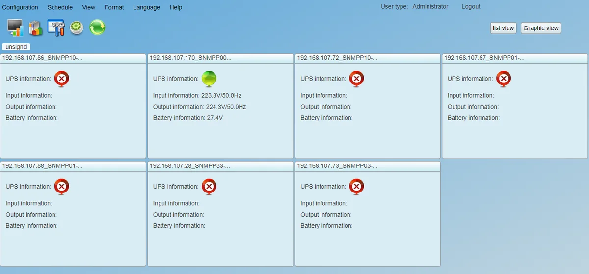 PowerShield SNMP Multi View text view with one panel per SNMP card and UPS