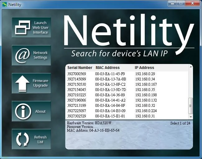 Netility main window listing NetAgent SNMP cards by serial number, MAC address and IP address