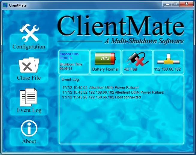 ClientMate shutdown software main window showing UPS battery status, AC power status and event list