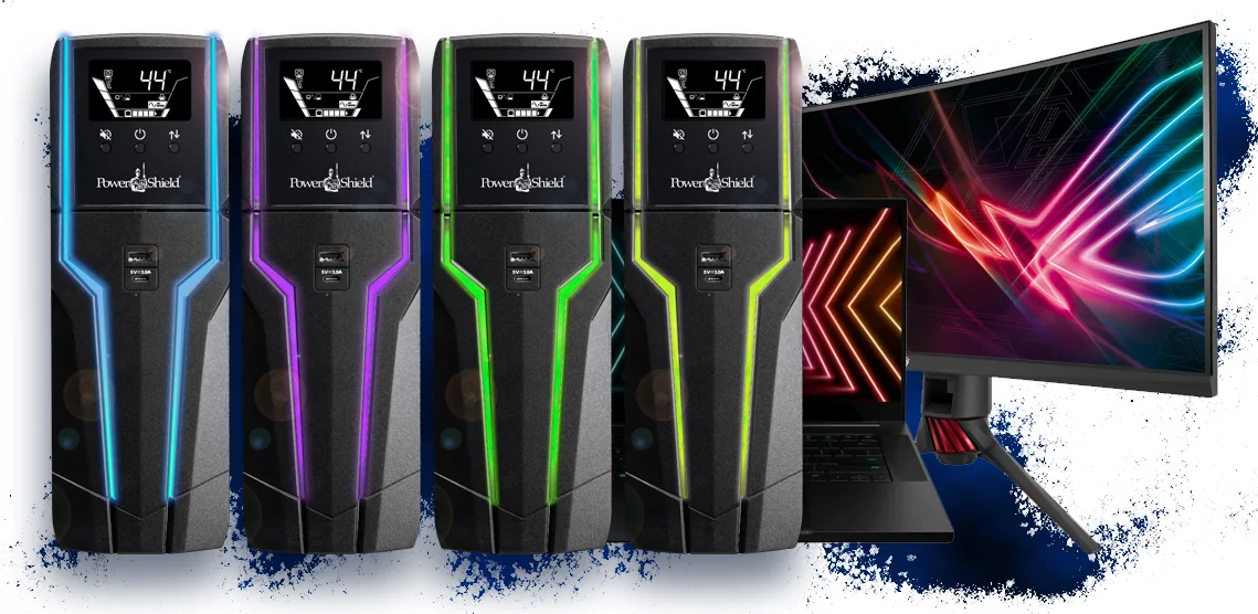 Four PowerShield Gladiator gaming UPSs with blue, purple, green and yellow RGB lighting beside a gaming monitor