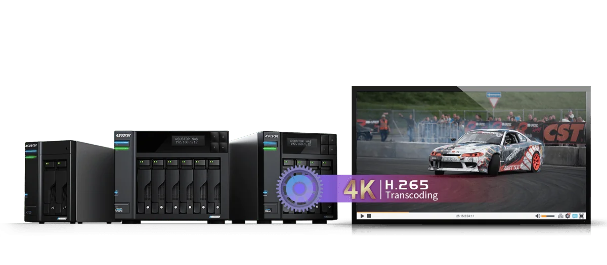 ASUSTOR NAS units streaming 4K video to a TV and devices on a home network