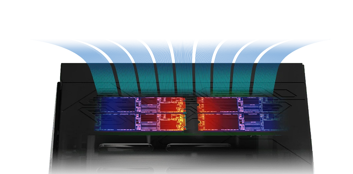 Four M.2 NVMe SSD slots with cooling vents inside an ASUSTOR AS54 series NAS