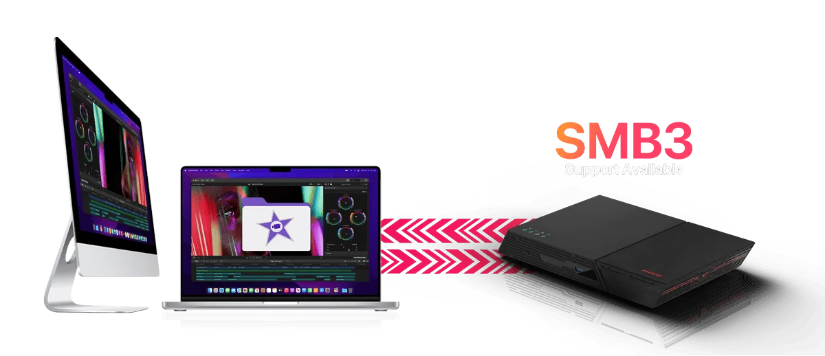 ASUSTOR Flashstor serving video projects to an iMac and MacBook over SMB 3