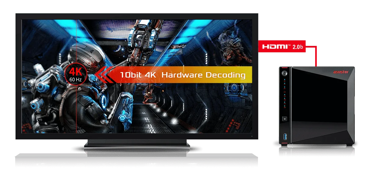 ASUSTOR AS5404T connected to a TV over HDMI 2.0b with 10-bit 4K hardware decoding