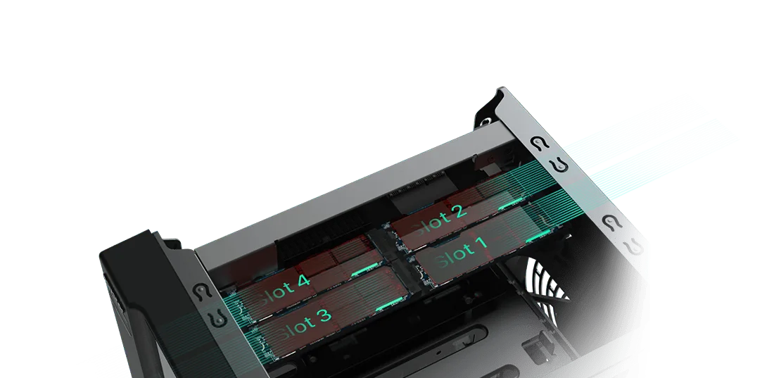 Four M.2 NVMe SSD slots labelled slot 1 to 4 inside an ASUSTOR Lockerstor Gen2+ NAS