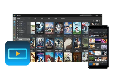 ASUSTOR LooksGood video library on a monitor and the AiVideos phone app