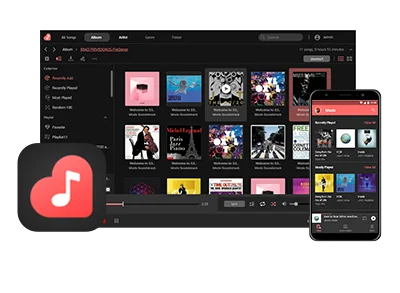 ASUSTOR SoundsGood music library on a monitor and the AiMusic phone app