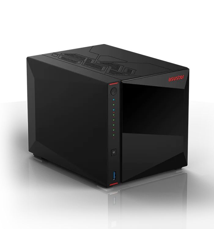 ASUSTOR AS5404T four-bay NAS, front three-quarter view