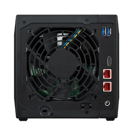 Rear panel of the ASUSTOR AS5404T with 120 mm fan, HDMI, dual 2.5GbE and USB