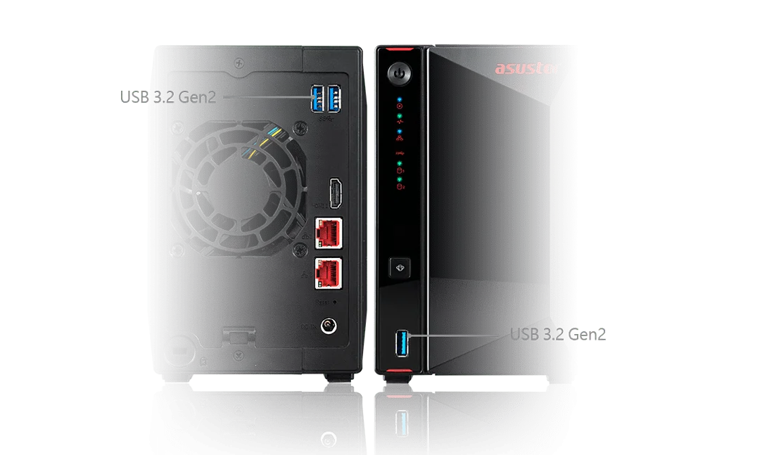 ASUSTOR AS54 series rear and front ports with USB 3.2 Gen 2 labels