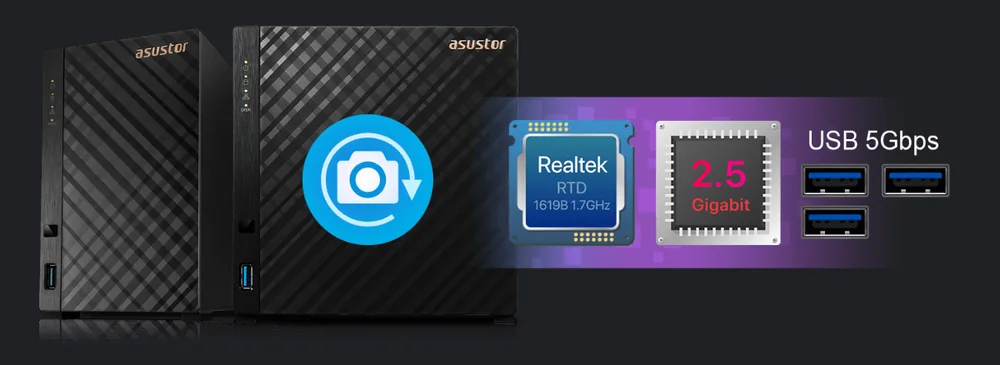 ASUSTOR Drivestor 2 Gen2 and Drivestor 4 Gen2 with Realtek processor, 2.5 Gigabit and USB 5Gbps icons