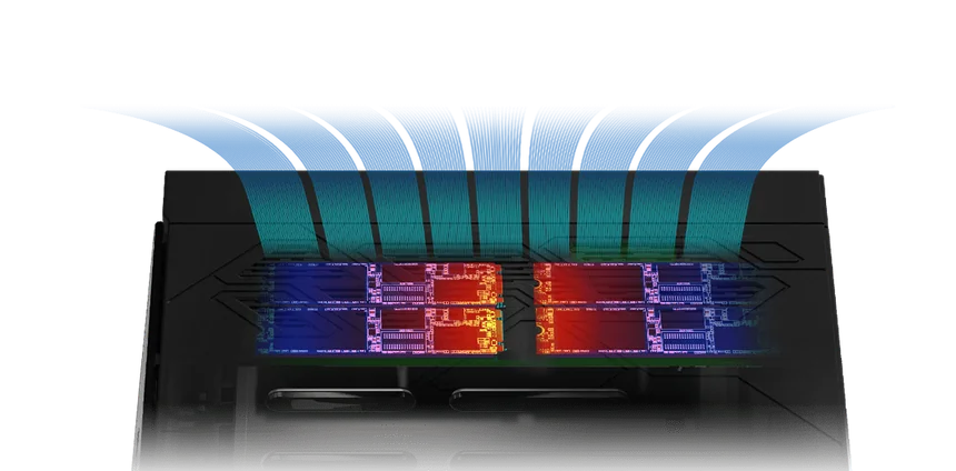 Cutaway of the ASUSTOR AS54 showing M.2 SSDs under cooling vents with airflow