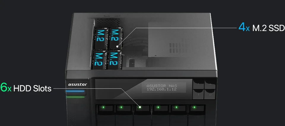 ASUSTOR Lockerstor 6 Gen2+ showing six hard drive slots and four M.2 SSD slots