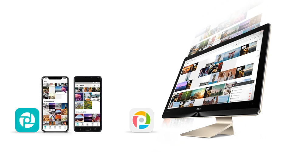 ASUSTOR Photo Gallery 3 on a desktop computer and AiFoto 3 on two phones