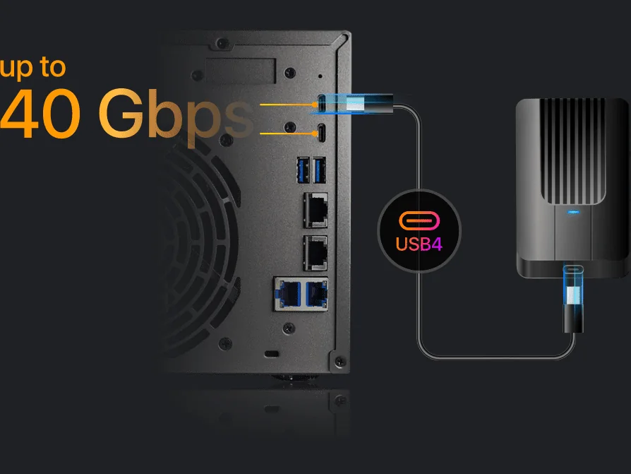 ASUSTOR Lockerstor Gen3 rear USB4 port connected to an external drive at up to 40 Gbps